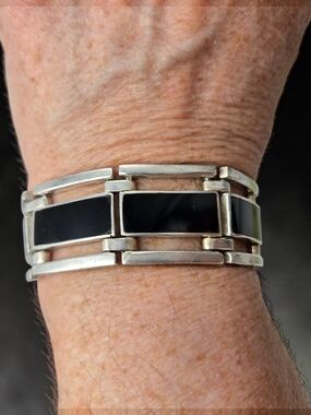 Vintage Taxco Sterling Silver Onyx Link Bracelet Modernist Geometric Heavy 66.9g